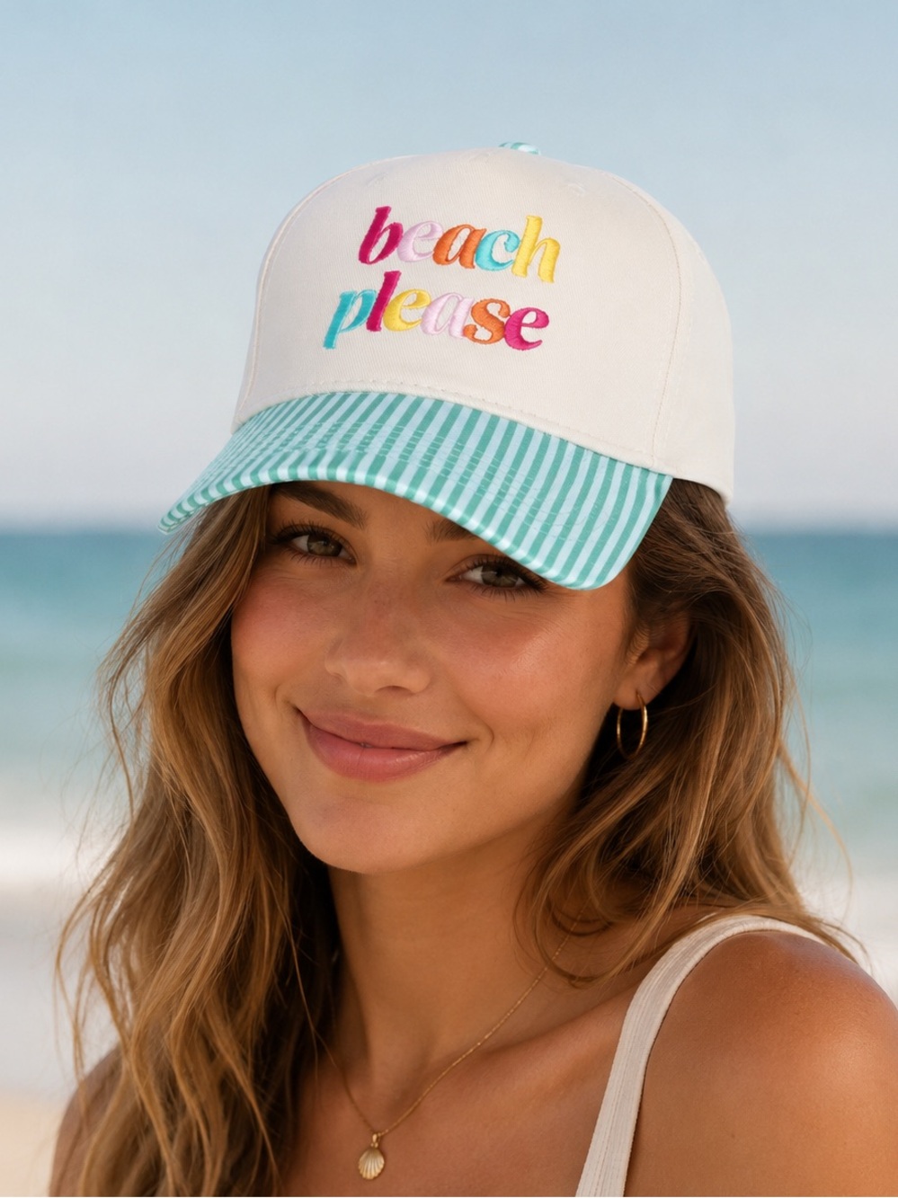 NWT! Cream & Aqua 'Beach Please' Embroidered Cap! So cute! 🌴